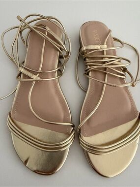 Metallic Gold Lace-Up Flat Sandals with Wrap Straps